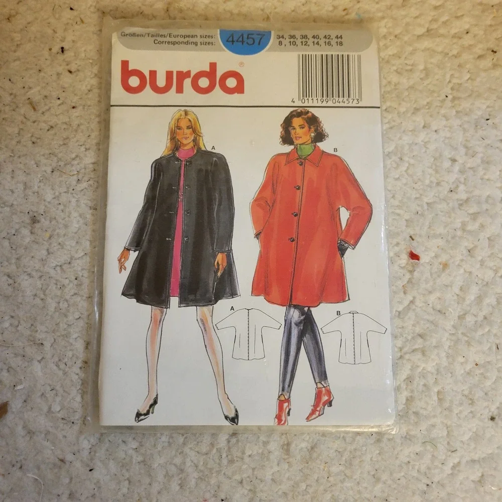 Burda 4457 Coat Sewing Pattern Women 8-18 Multi-Size New Sealed Vintage 90s